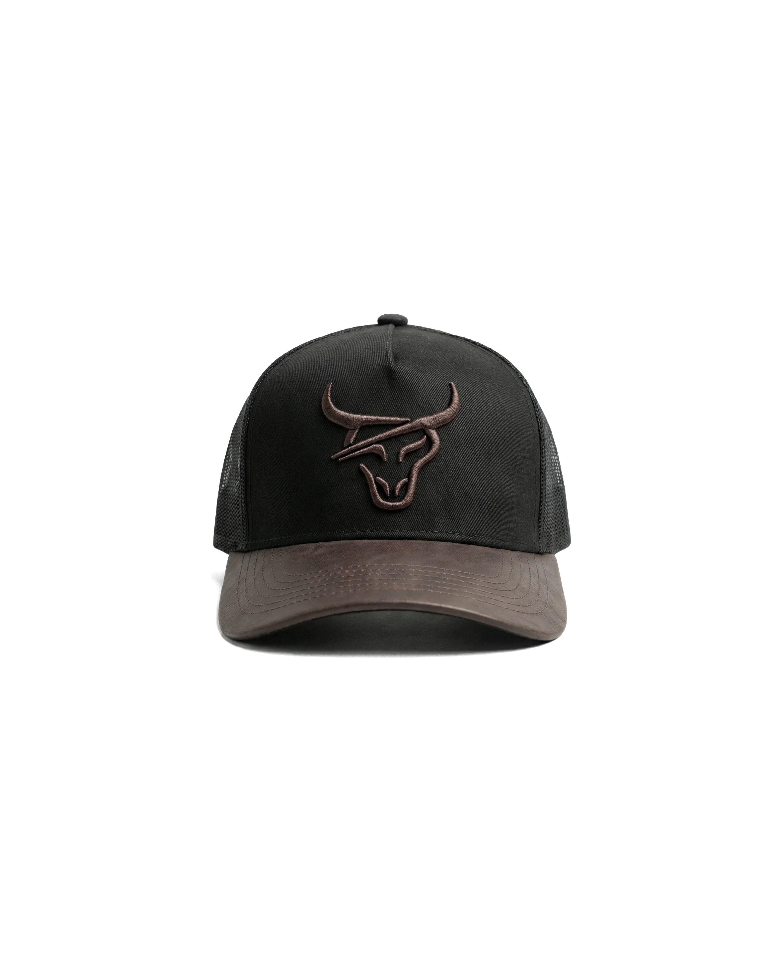 HONKER BULL  HAT BLACK/BROWN LEATHER BRIM - MESH